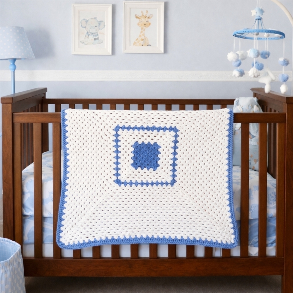 Handmade Denim Blue & White Crocheted Infant Baby Toddler Throw Lap Blanket New